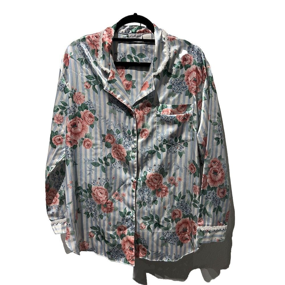 Vintage Coquette Womens Size M/L Sleep Shirt Floral Collar Long Sleeve - Picture 1 of 9